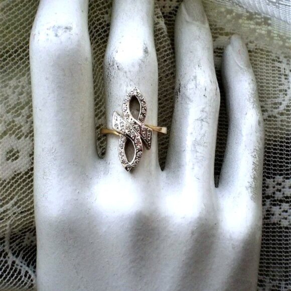 Vintage Russian USSR 18K 750 Yellow White Gold Diamond Cluster Infinity RING - Picture 7 of 8
